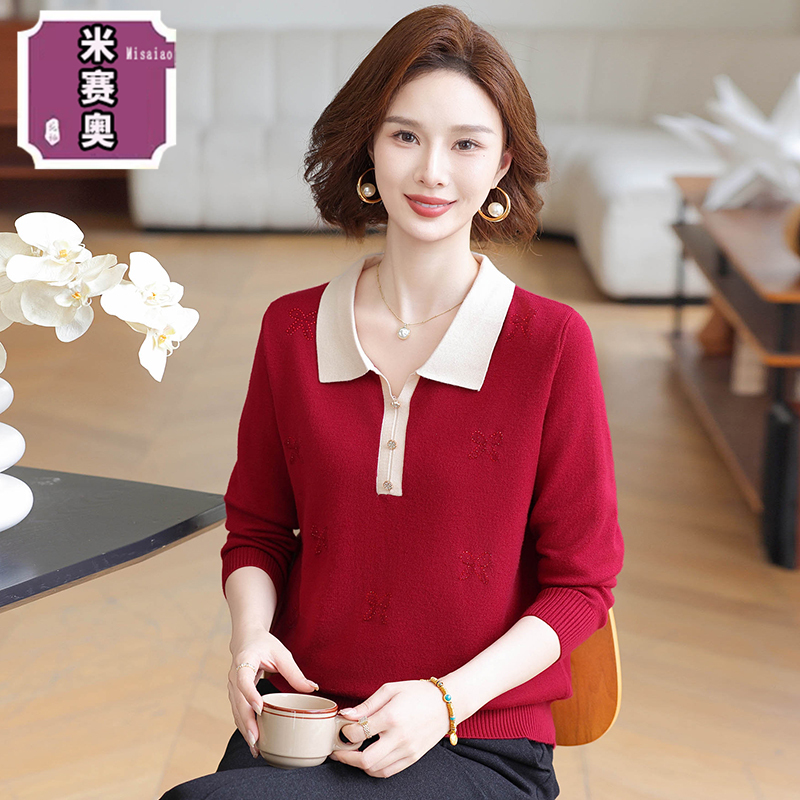 秋季新款妈妈装翻领针织打底上衣中老年人女装春秋季宽松套头毛衣