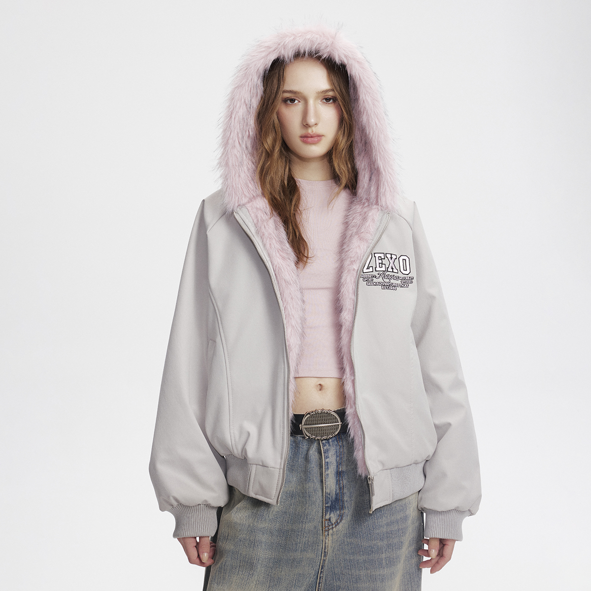 ZEXO座山雕加绒品牌字母刺绣潮流保暖休闲宽松时尚百搭连帽棉服