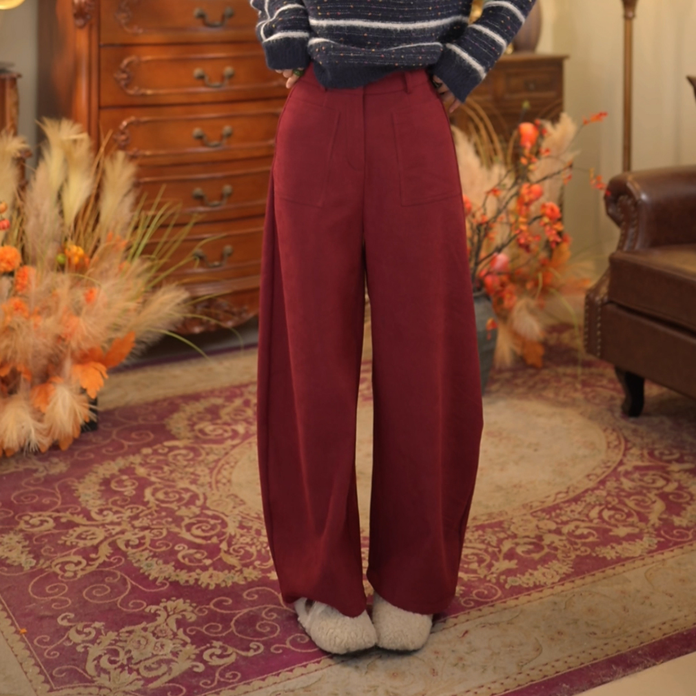 扣子家【一见倾心】加绒加厚红色高腰弯刀裤休闲裤长裤KK0726534