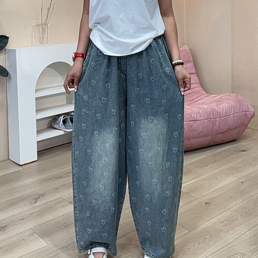 662薄牛仔印花小米奇大版九分牛仔裤女