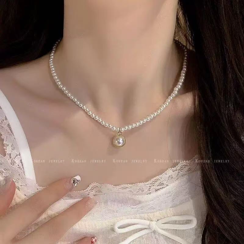 钛钢仿珍珠吊坠 777圆珍珠项链 白色甜美风锁骨链人工贝珠项链