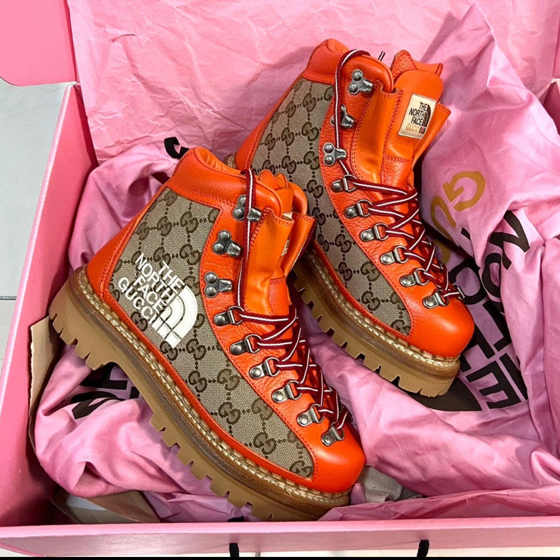 未使用 GUCCI/古驰 北面 橙色登山靴乌木色老花帆布马丁鞋 37.5码