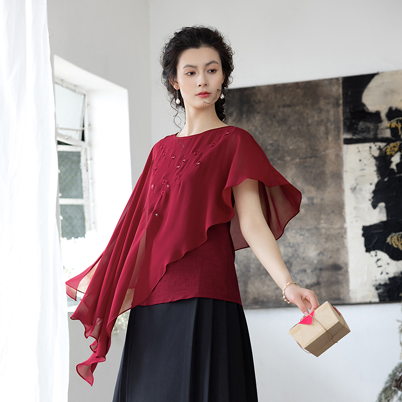  生活在左优雅百搭2025春季绣花宽松拼不规则飞片衬衣女1951265