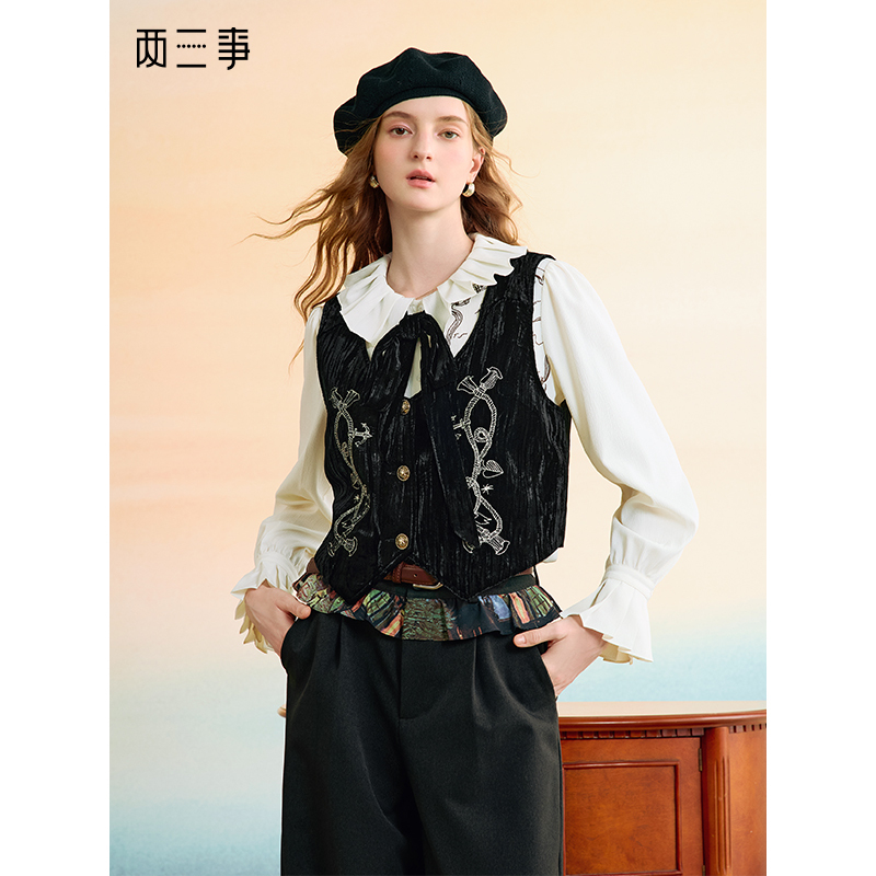 两三事航海日志复古刺绣丝绒短款马甲马夹