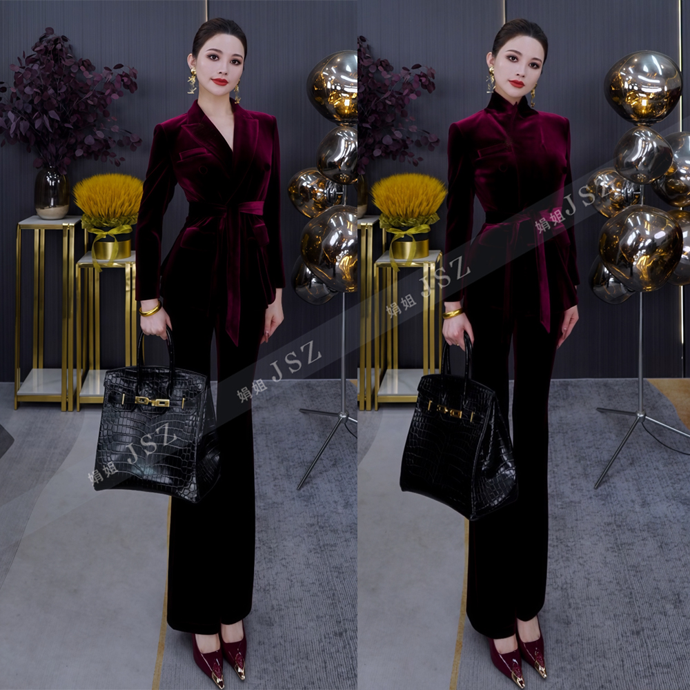 秋冬新品高定气质丝绒轻奢时尚职业女神范显瘦西装微喇裤套装118