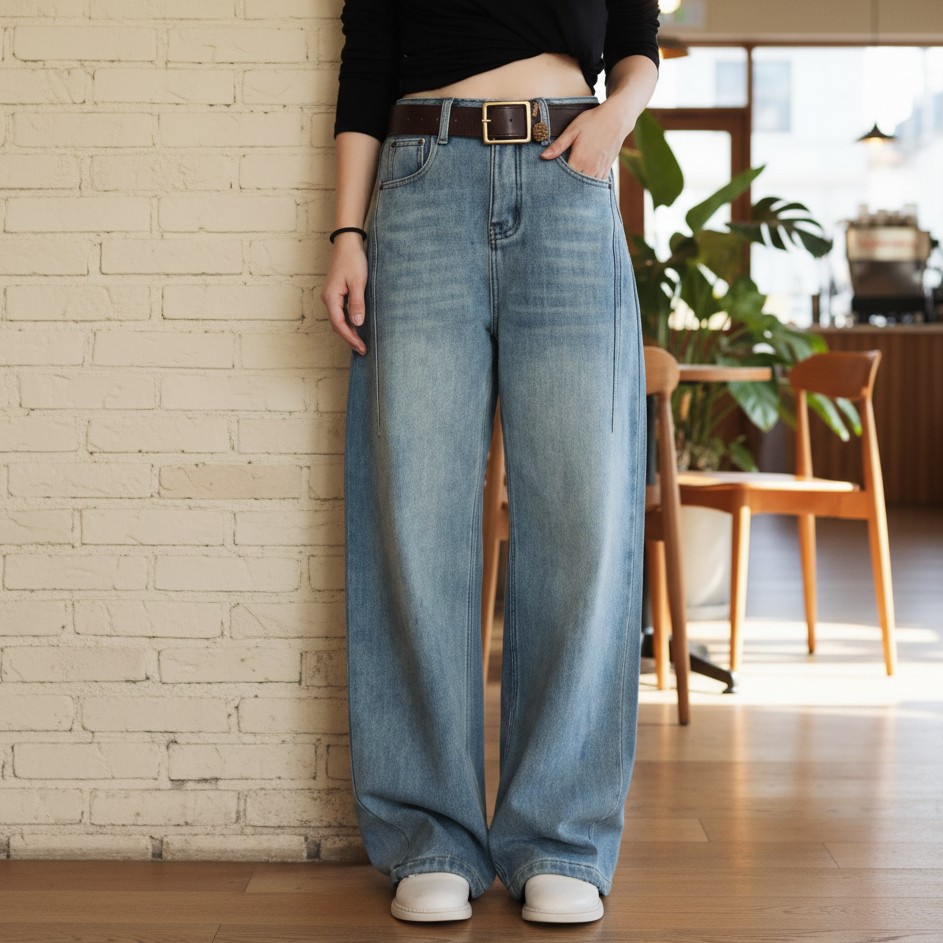 2025冬季加绒水洗牛仔裤加厚休闲风常规阔腿裤高腰直筒裤女裤时尚