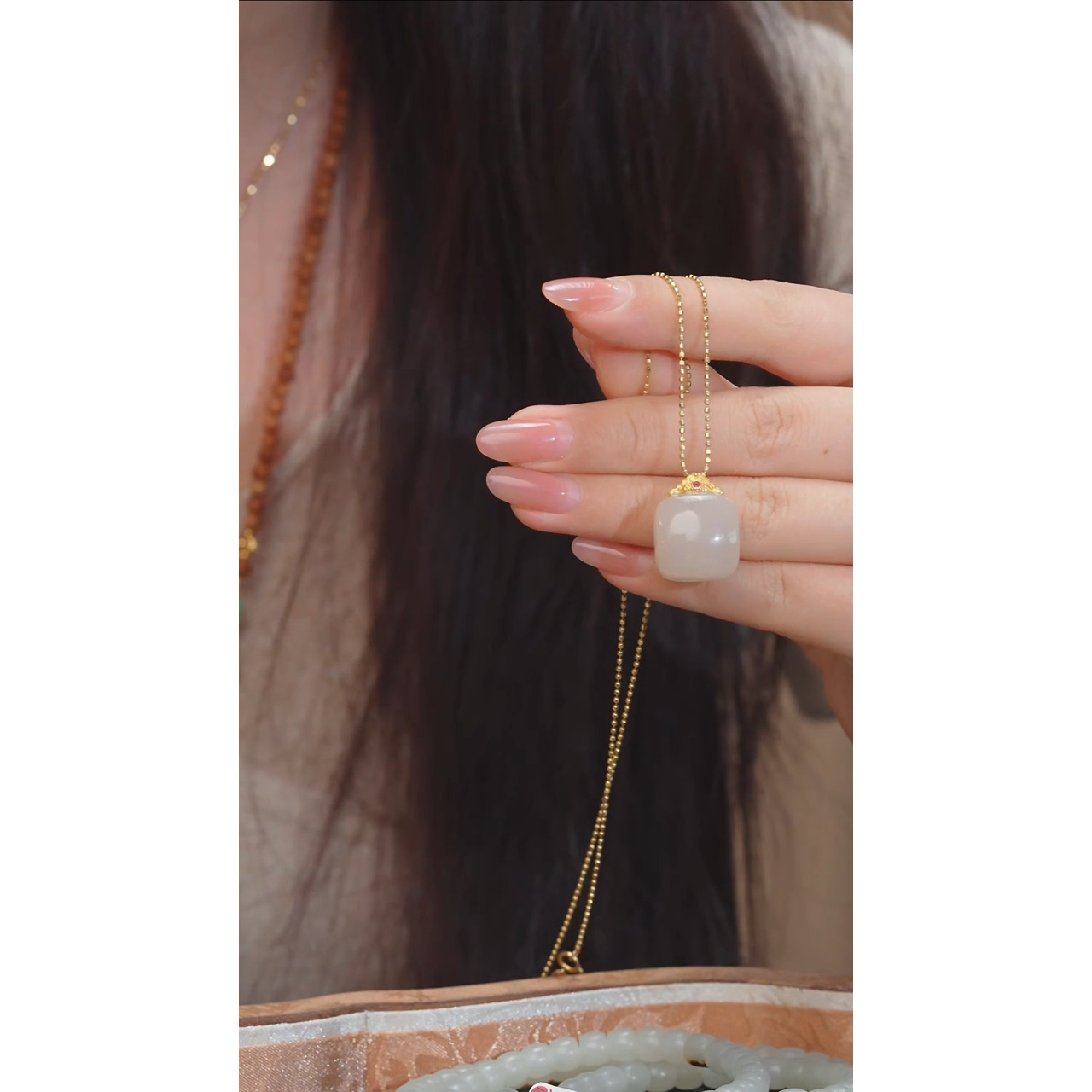 和田玉吊坠不含链18K金镶嵌藕粉@@N4883