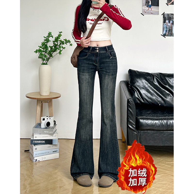 复古蓝灰双扣微喇牛仔裤女冬季加绒加厚修身显瘦垂感拖地喇叭裤子