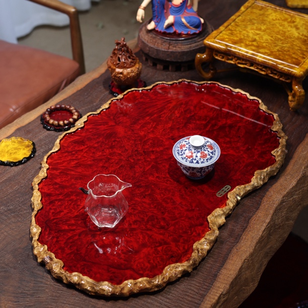 68-44-2.6 缅甸黄金樟干泡茶盘家用缅花满榴花茶具整块实木托盘
