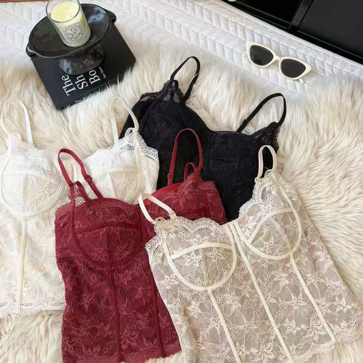 6100 法式蕾丝骨线保暖吊带背心女一体修身美背