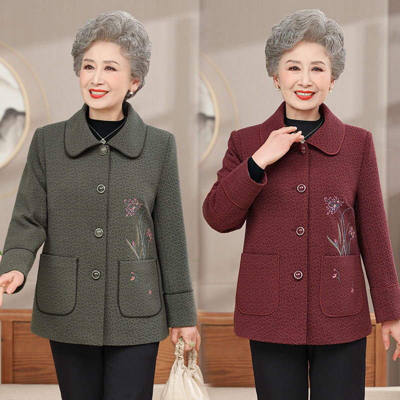 803 妈妈装春秋新款洋气翻领刺绣外套中老年气质奶奶上衣短款