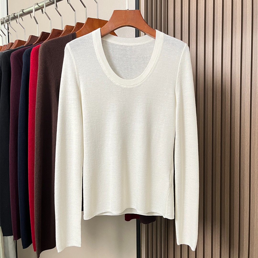 大爱U领美丽诺羊毛针织衫气质纯色修身毛衣明线包边低圆领打底衫