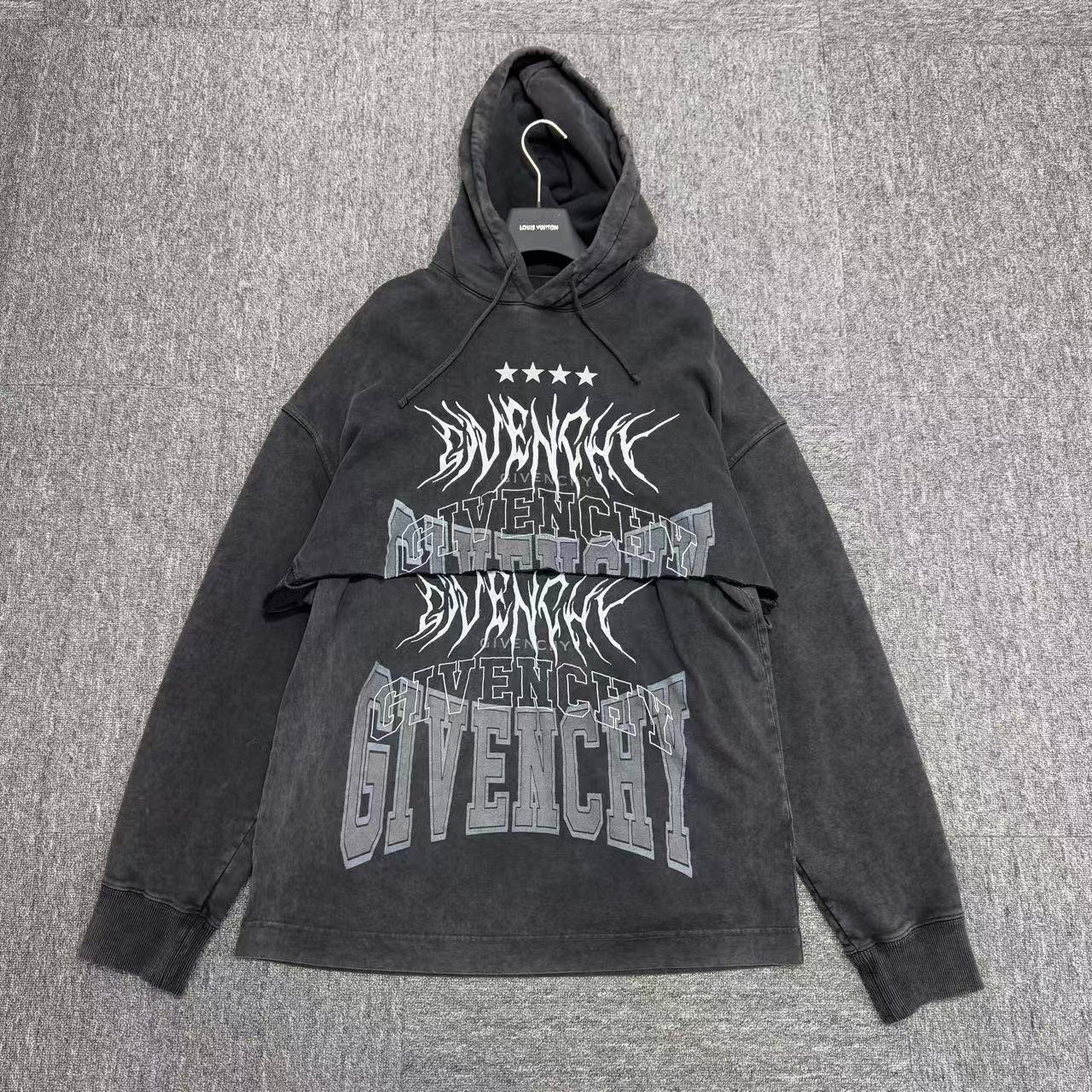 99新 Givenchy/纪梵希 秀款水洗做旧假两件连帽卫衣/M码/12258