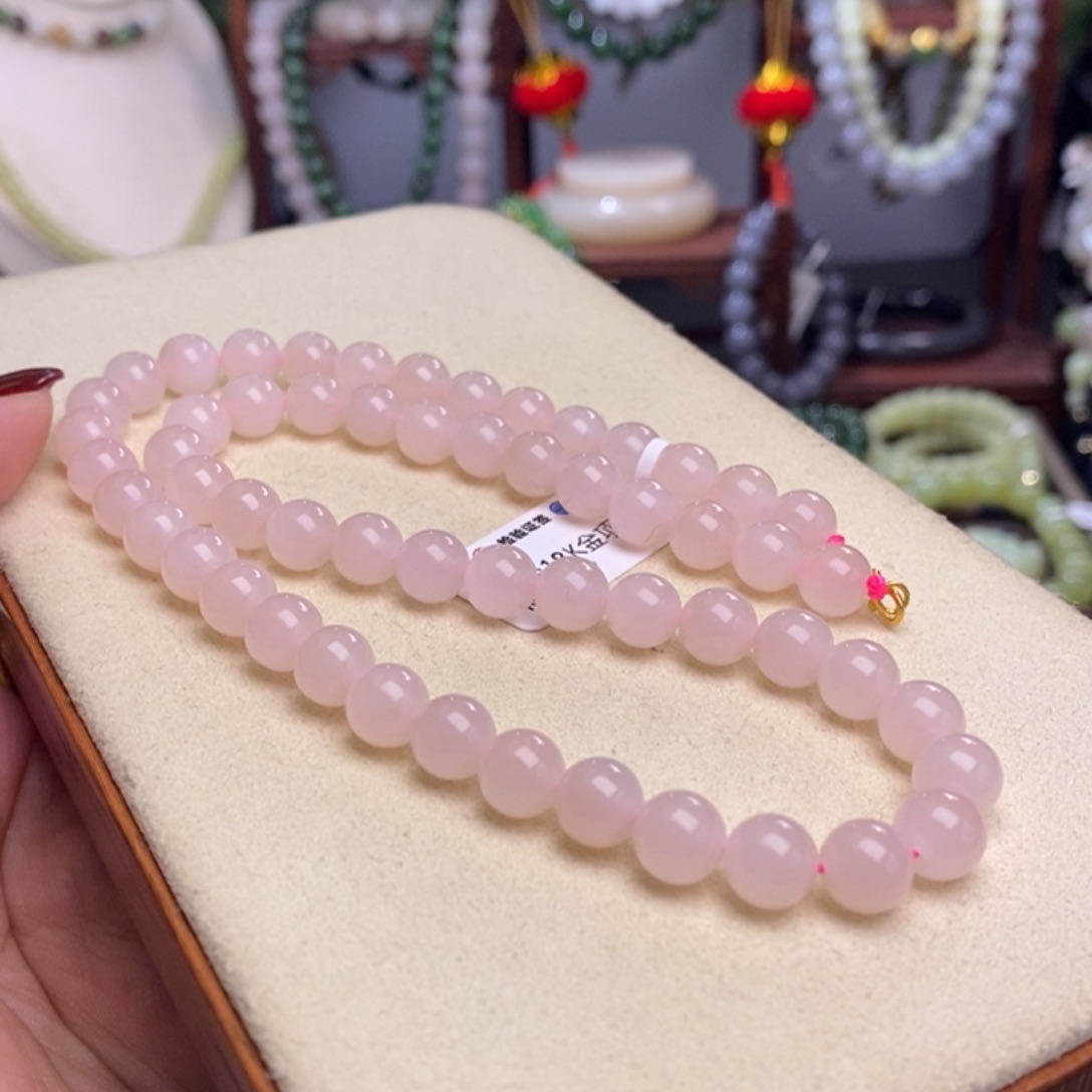 和田玉毕业级老矿料红粉金镶妈妈链8m未镶嵌