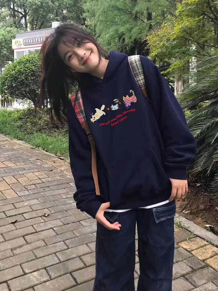 黎帮主 韩系刺绣彩色格子小猫连帽卫衣2024秋冬新款宽松加绒上衣