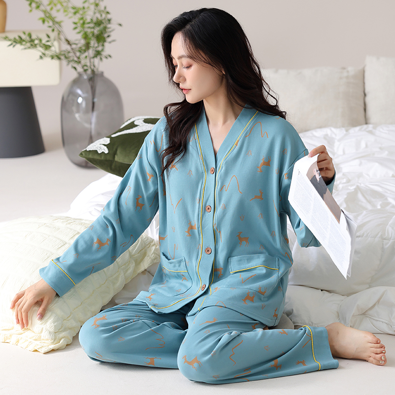 纯棉睡衣女春秋季开衫翻领特大码长袖全棉加大码家居服200斤240斤