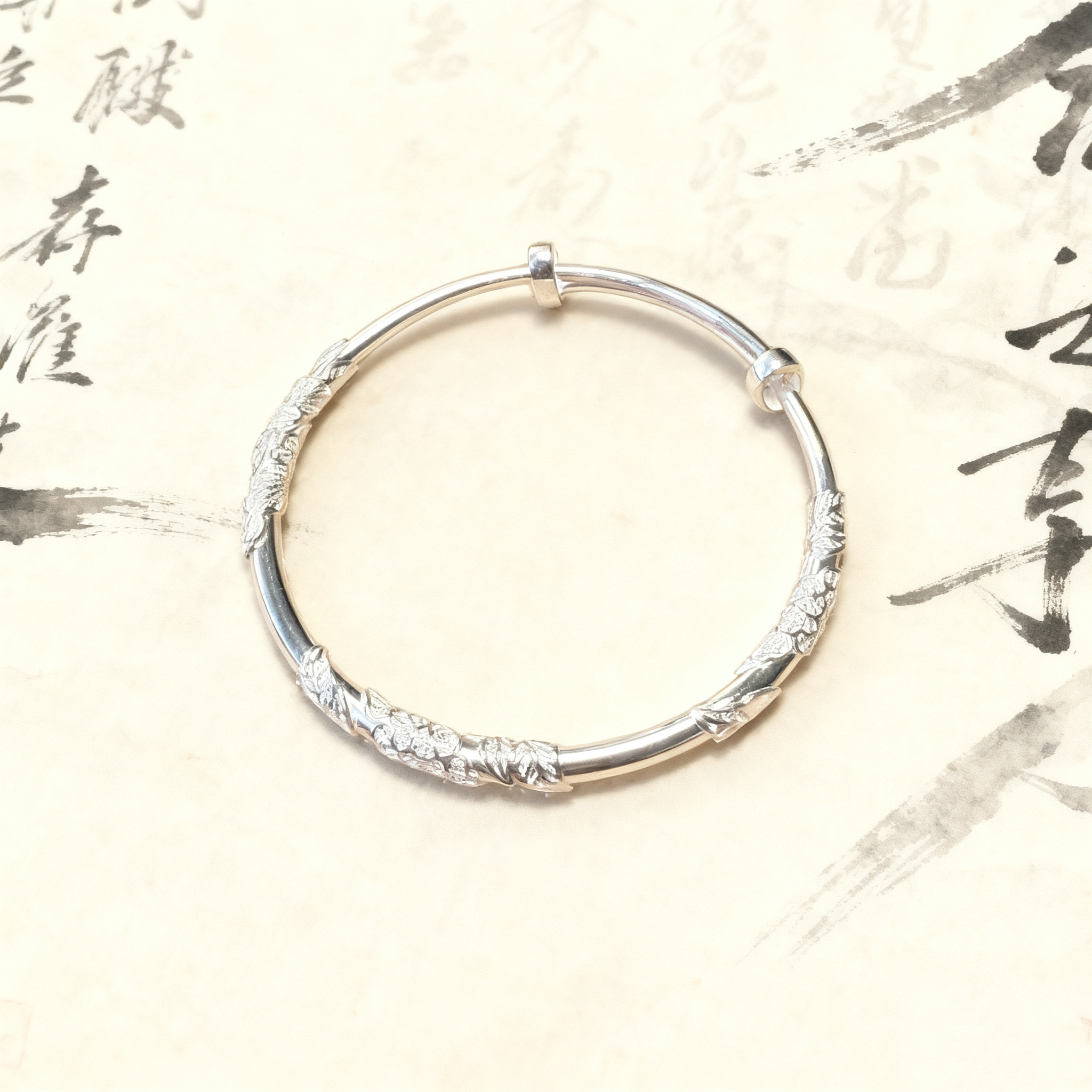 足银手镯 【繁花推拉手镯】足银999手工气质时尚可调节设计感小众