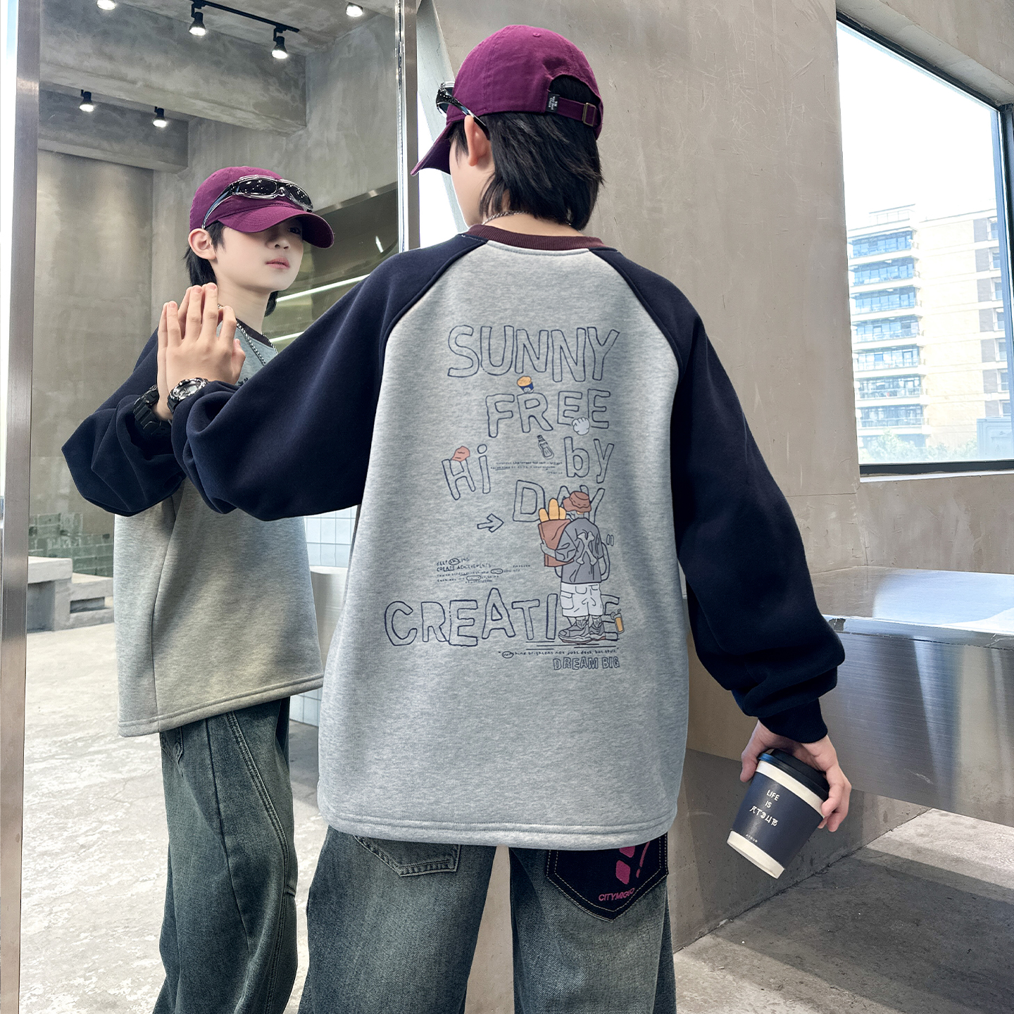 儿童一体绒加厚卫衣秋冬装男童新款加厚冬季保暖百搭长袖打底衫潮