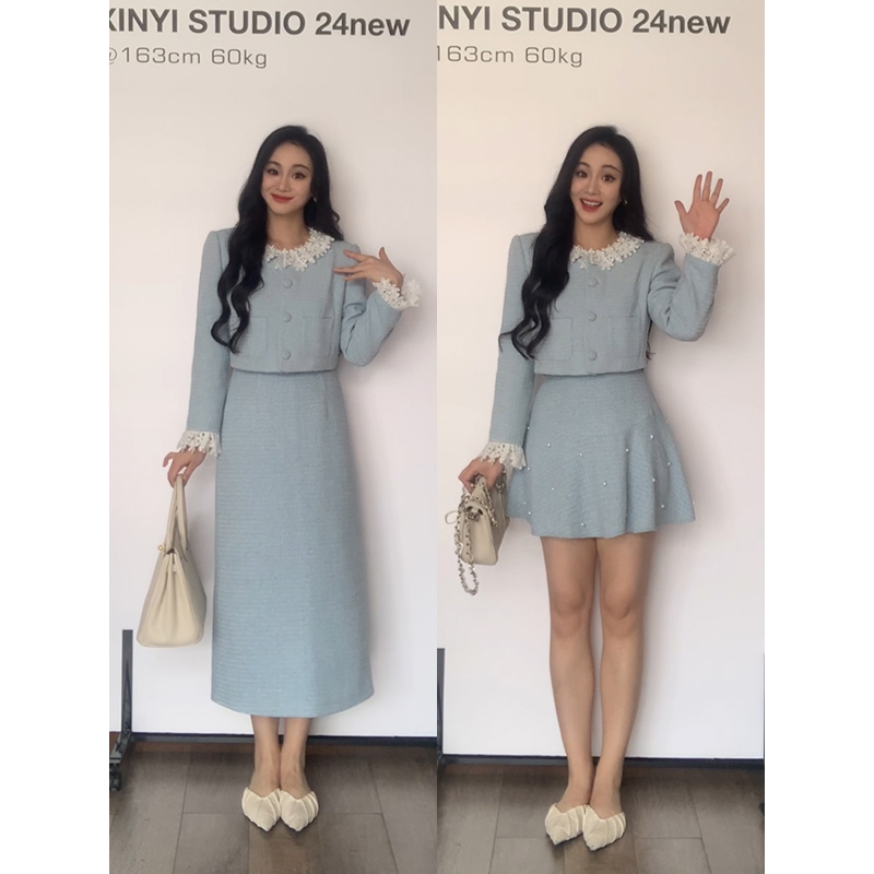 XINYI【蓝色大海的传说】秋季蕾丝拼接外套+半身裙显瘦X624A13714