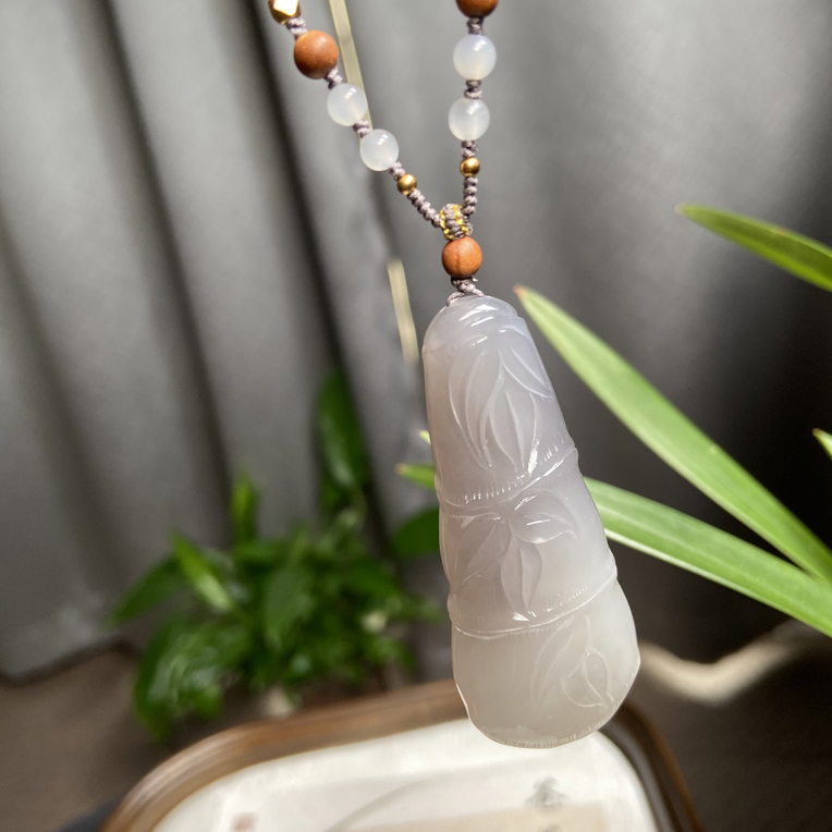 天然和田玉高冰烟紫翘色竹节吊坠紫白双色