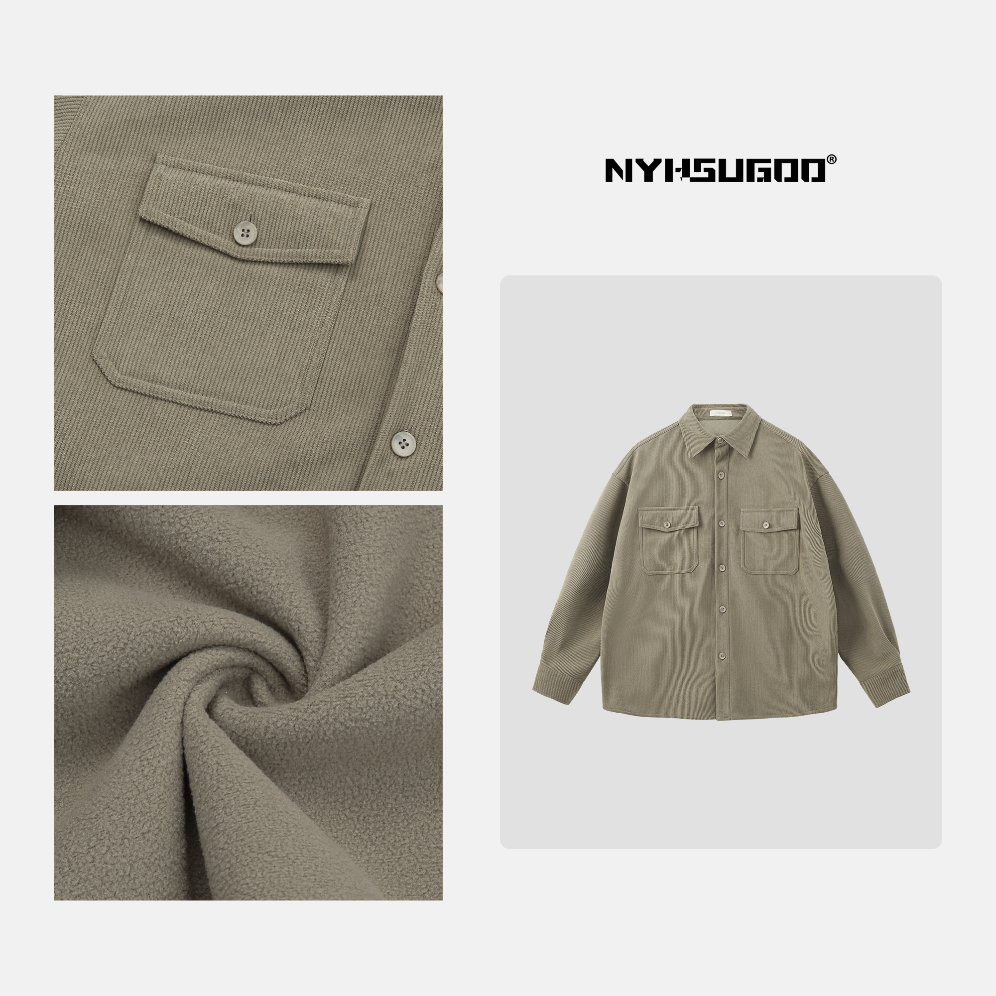 NYHSUGOO/南乙3387秋冬长袖加绒加厚翻领衬衫男士cleanfit外套