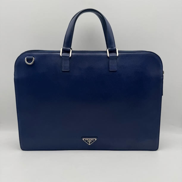 99新 Prada/普拉达 98新深蓝色十字纹手提公文包/男士2690