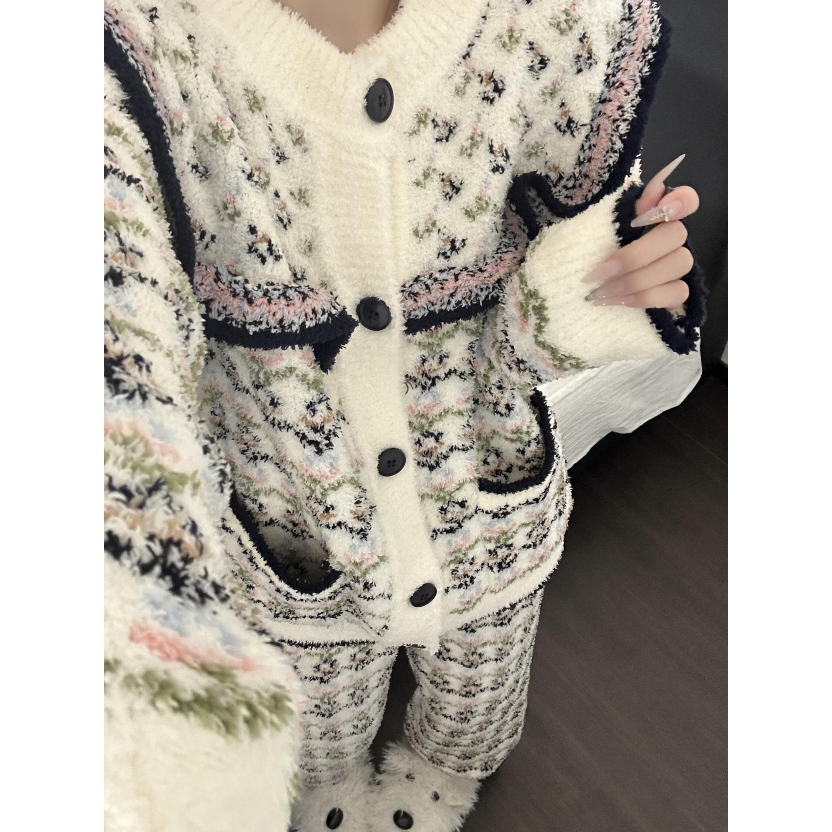 日系复古波浪纹半边绒睡衣女秋冬新款针织开衫保暖加厚家居服套装