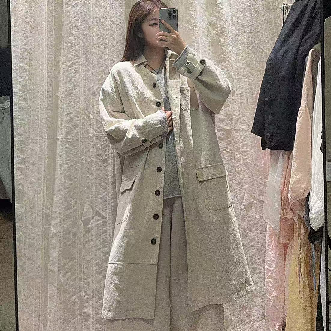 亚麻中长款风衣外套