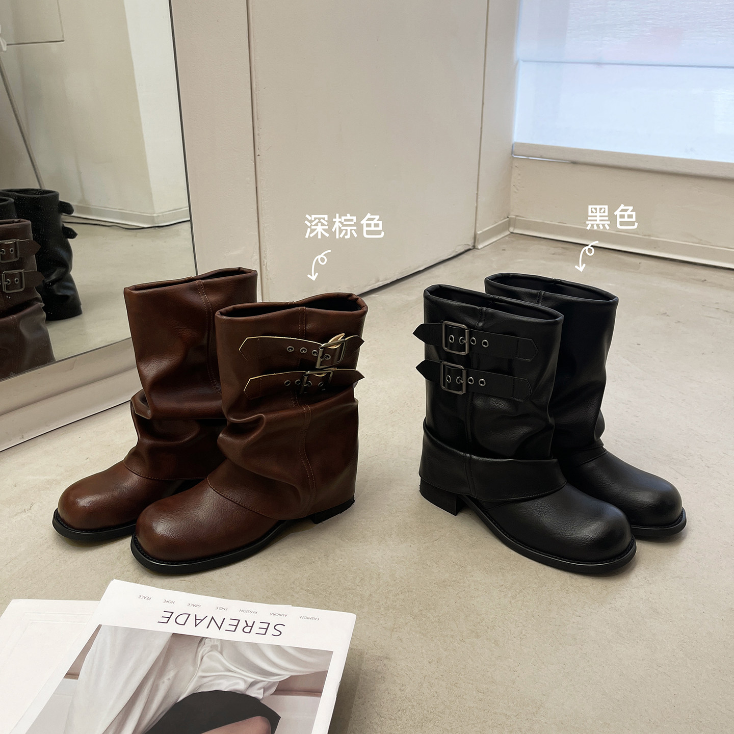 厚底裤管靴女秋冬宽筒扣带粗跟褶皱堆堆短靴女马丁靴CQ-M2503-2