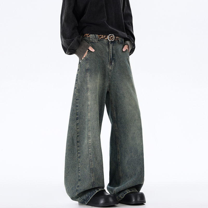 秋冬新款美式高街潮牌阔腿弯刀牛仔裤男生大码宽松直筒拖地长裤子