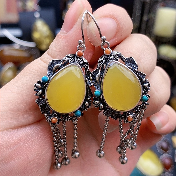 琥珀裸石银S925镶嵌耳坠