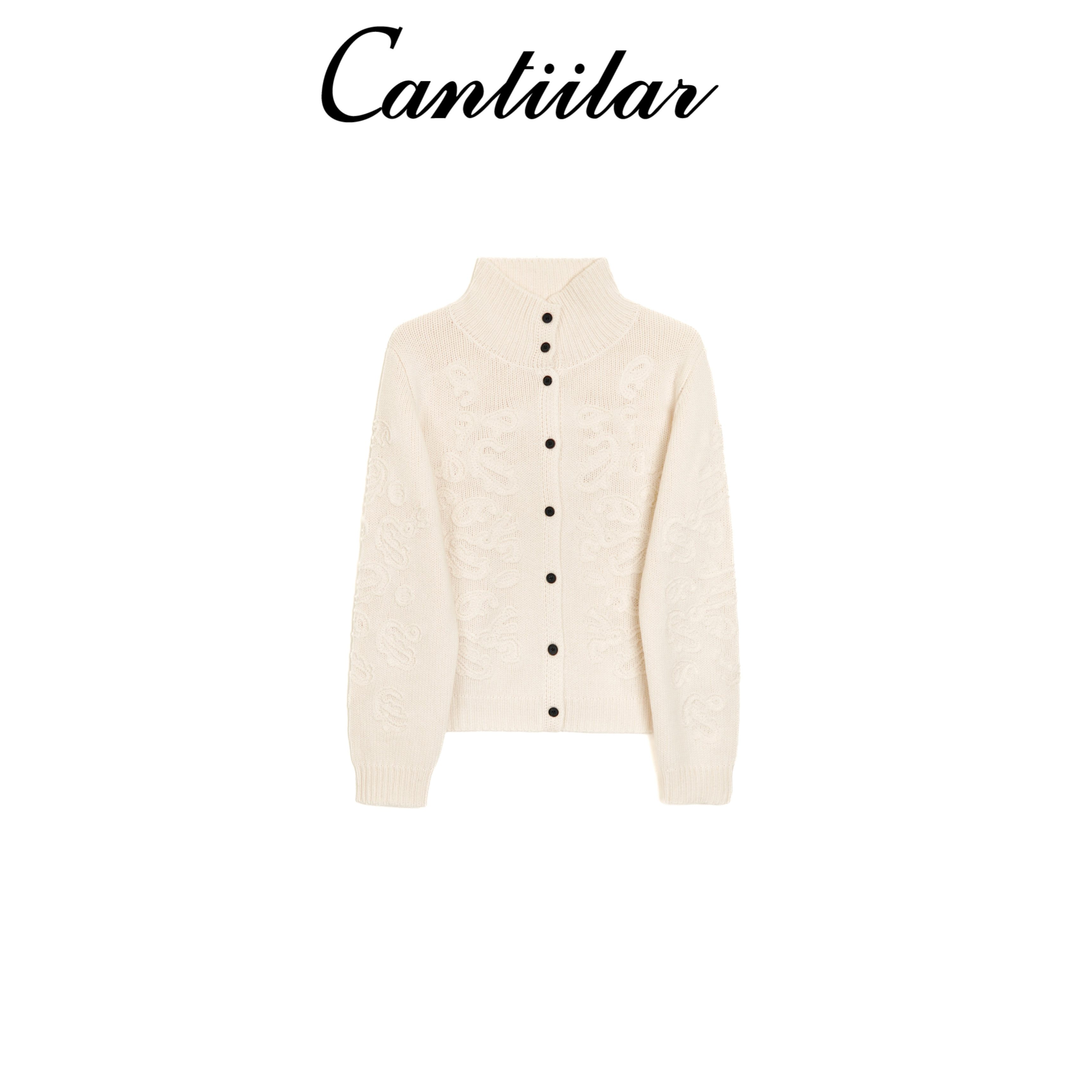 CANTIILAR “浮雕”立领加厚立体绣花针织开衫100羊毛 pp-6808  