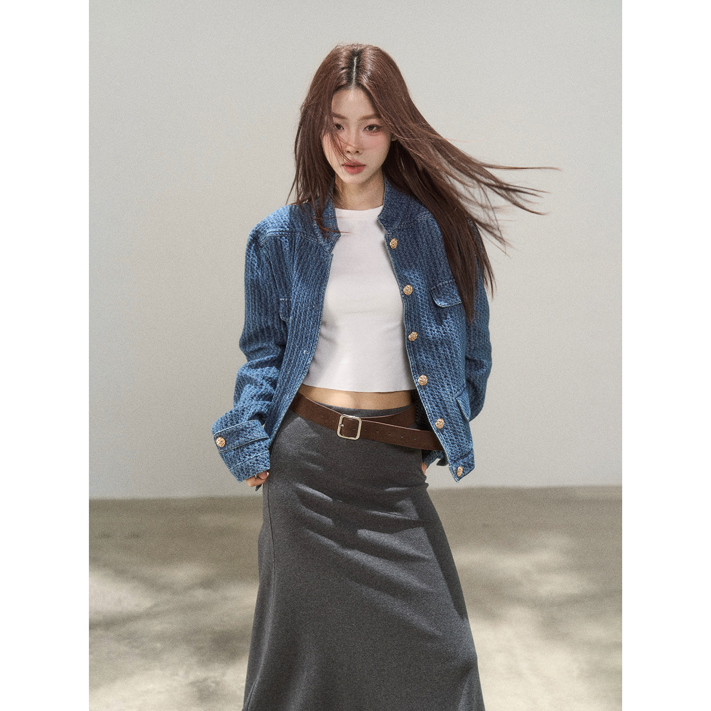 【小野莓】蓝色纹理牛仔外套女秋季宽松时尚高级感上衣-清清BE99062