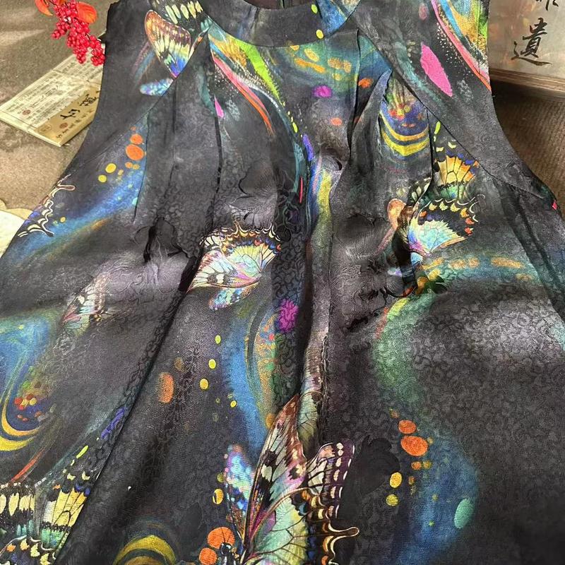 夏季新款新中式国风时尚宽松气质显瘦彩蝶花萝连衣裙