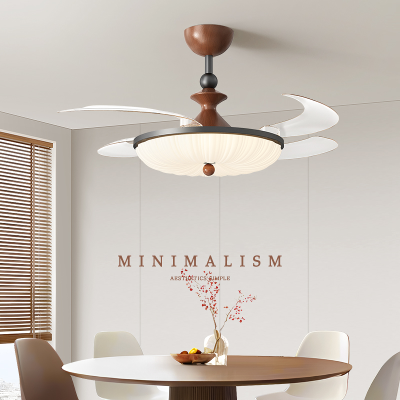 风扇灯餐厅隐形吊扇灯新款大风力胡桃木纹复古中古奶油风电扇一体