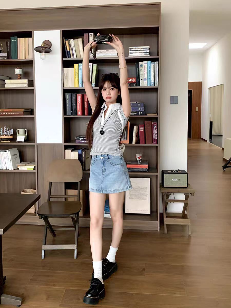 3629薄款裙子高腰纯色牛仔半身裙短裙包臀裙宽松洋气百搭通勤