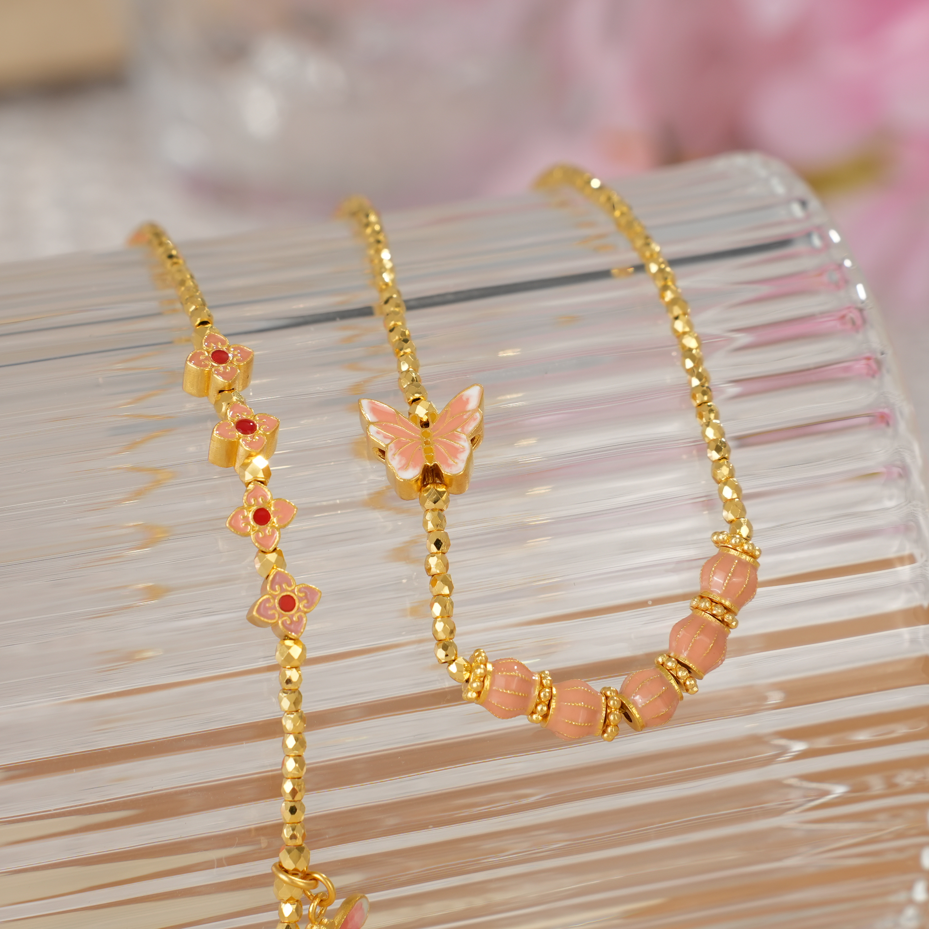 彩粉蝶恋花双钩足金万能链 56cm 16.98g