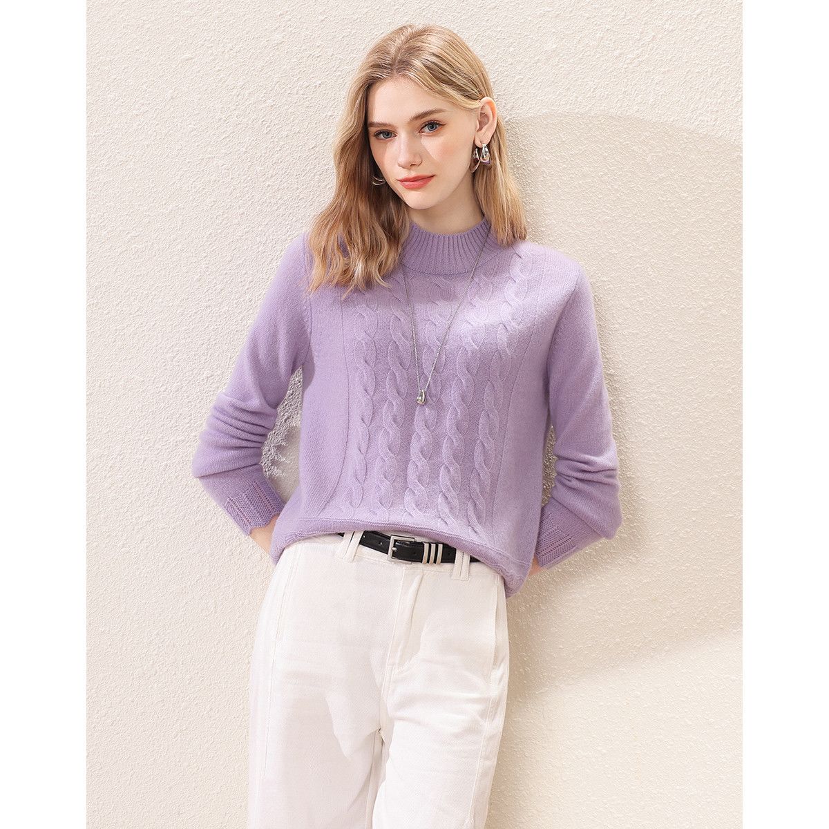 【赛兔】100%羊毛衫女复古绞花花边半高领针织衫202255035【专属】