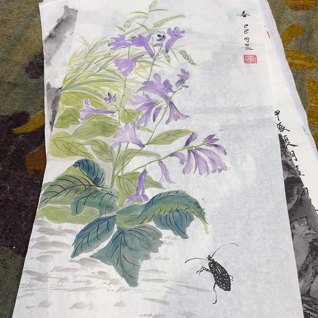 国画四尺四开花鸟童