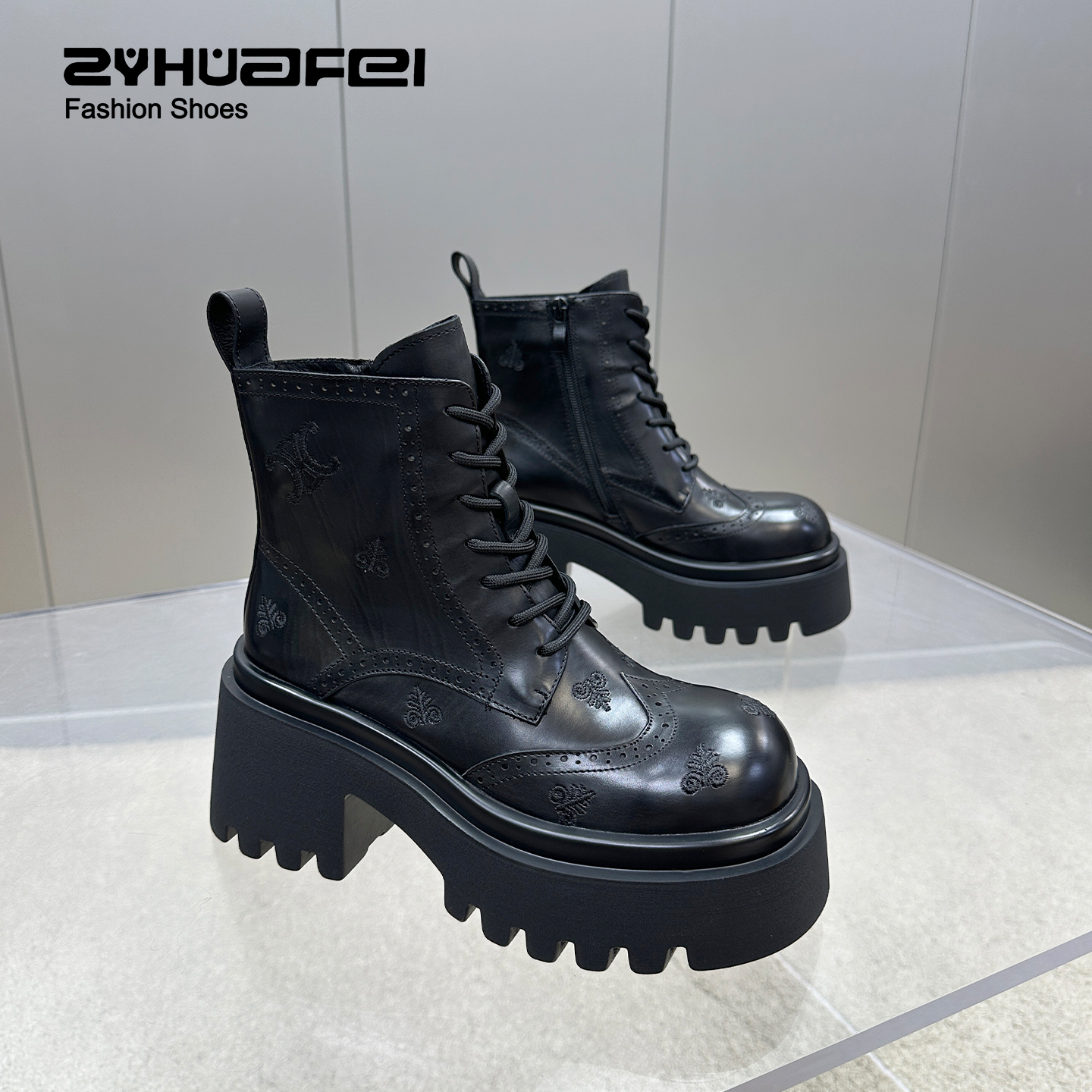 【左右华菲】8cm真皮手工万针刺绣时尚休闲百搭厚底马丁靴2025中筒