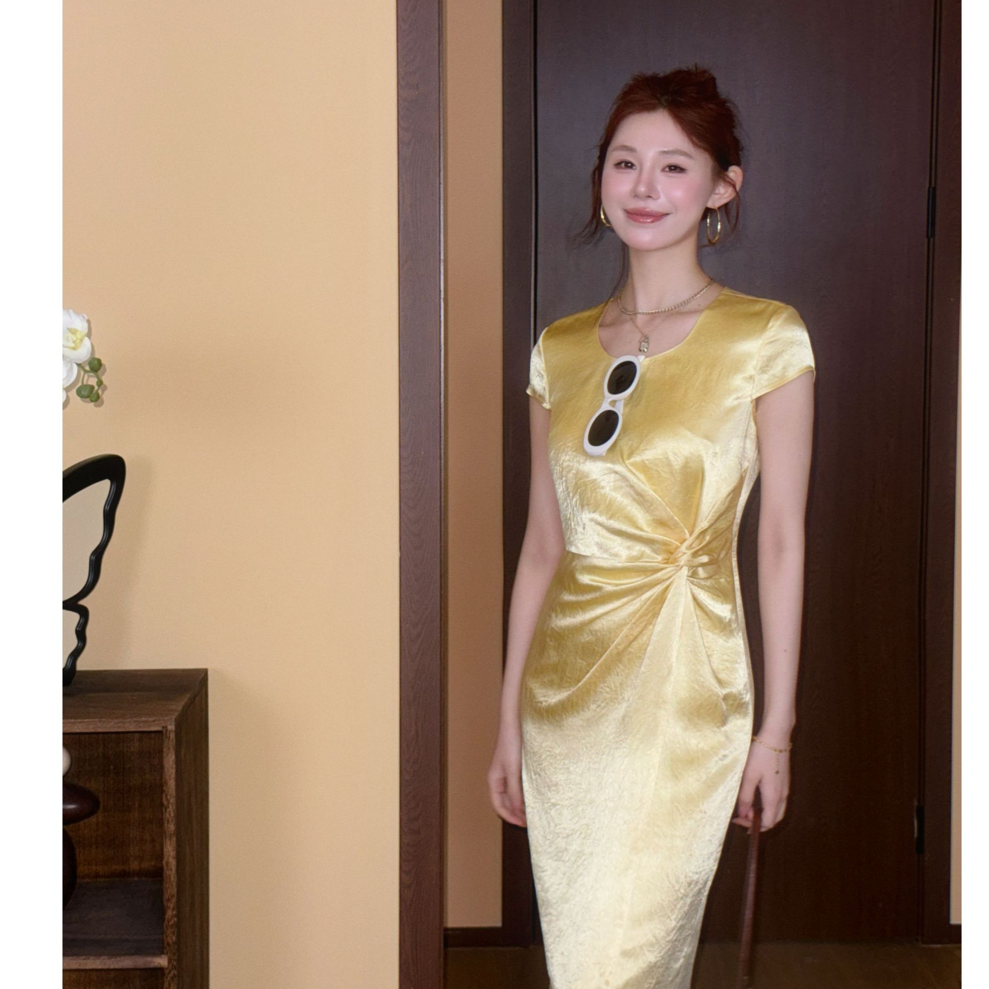 【醋酸】气质 显瘦 夏季 修身 美静在这黄色连衣裙新款裙子XMZH8492
