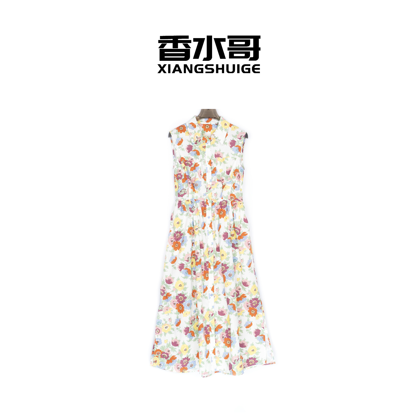 无袖衬衫裙夏季新款女装2025法式优雅翻领无袖修身显瘦印花连衣裙