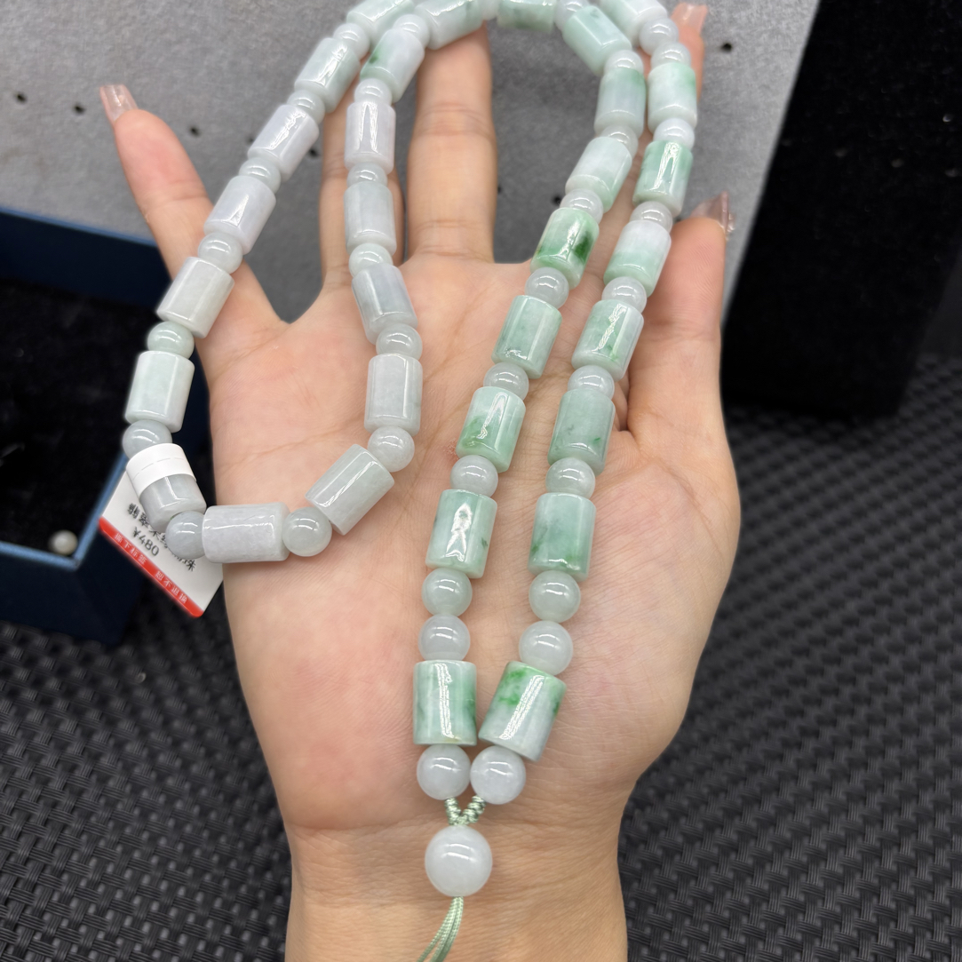 福利款缅甸翡翠A货老坑冰种飘花桶珠9mm毛衣链项链玉石挂牌绳保真