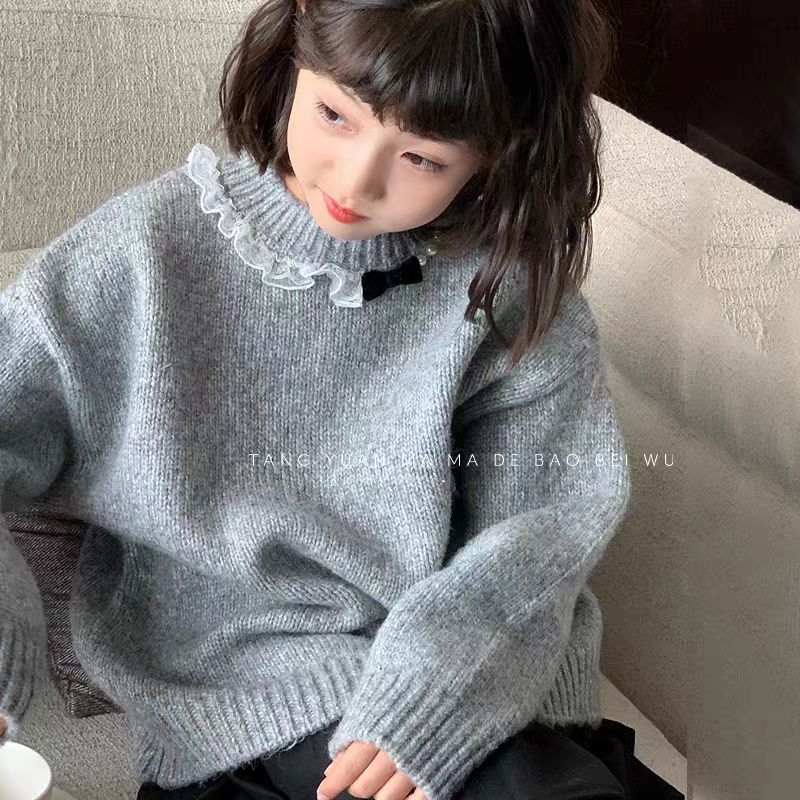 波拉bora童装甜美女孩蕾丝毛衣2025新款洋气女童秋冬装加厚打底衫
