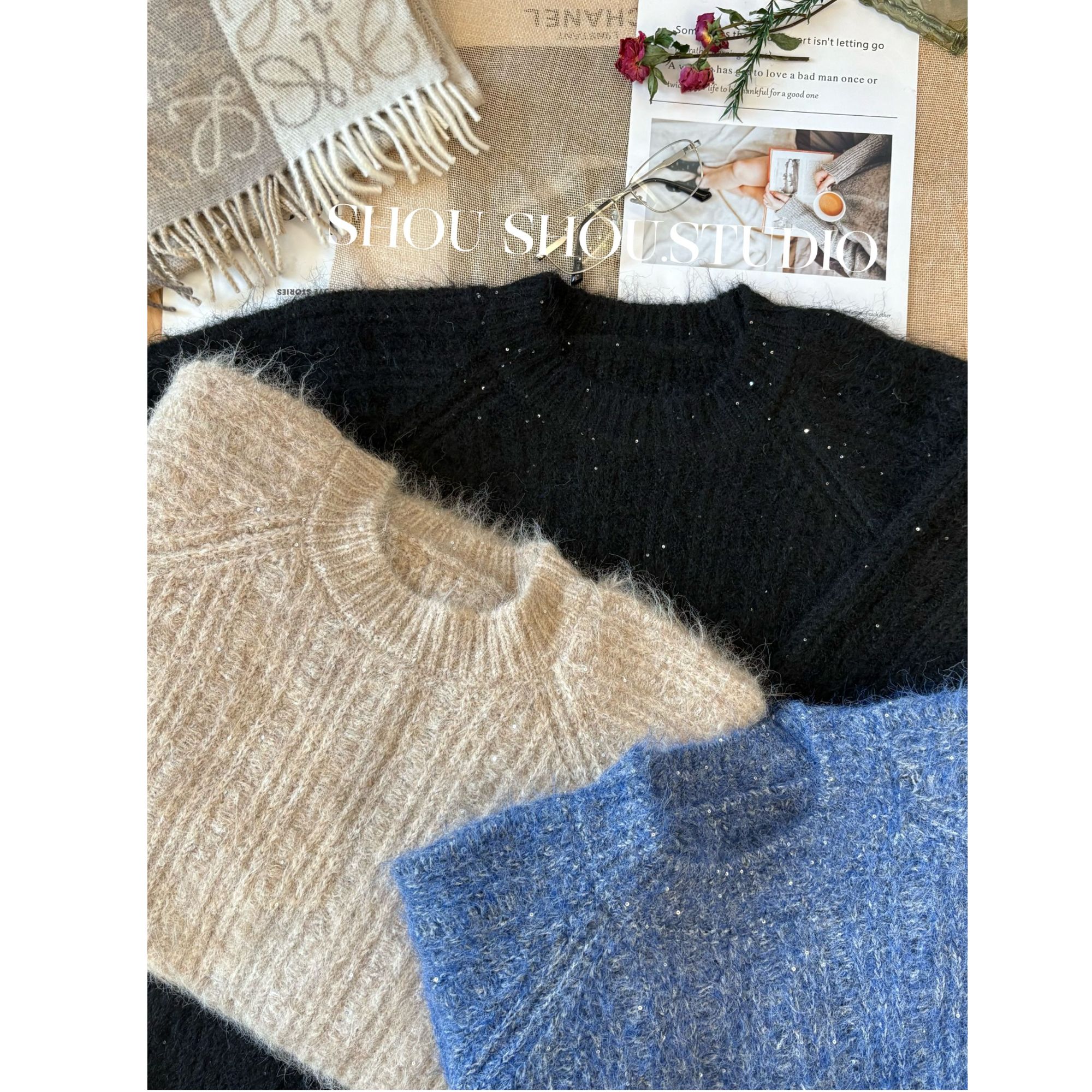 【FANFAN】大码圆领羊毛插肩袖闪片氛围感百搭长袖套头毛衣S02005