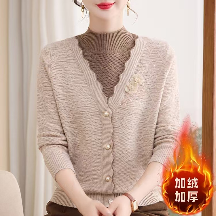 妈妈装秋冬款洋气花边半高领长袖上衣中老年女时尚假两件针织毛衣