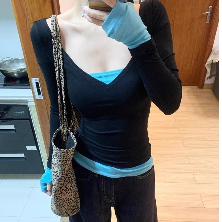 美式辣妹撞色假两件长袖t恤女2025秋季新款纯欲性感修身内搭上衣
