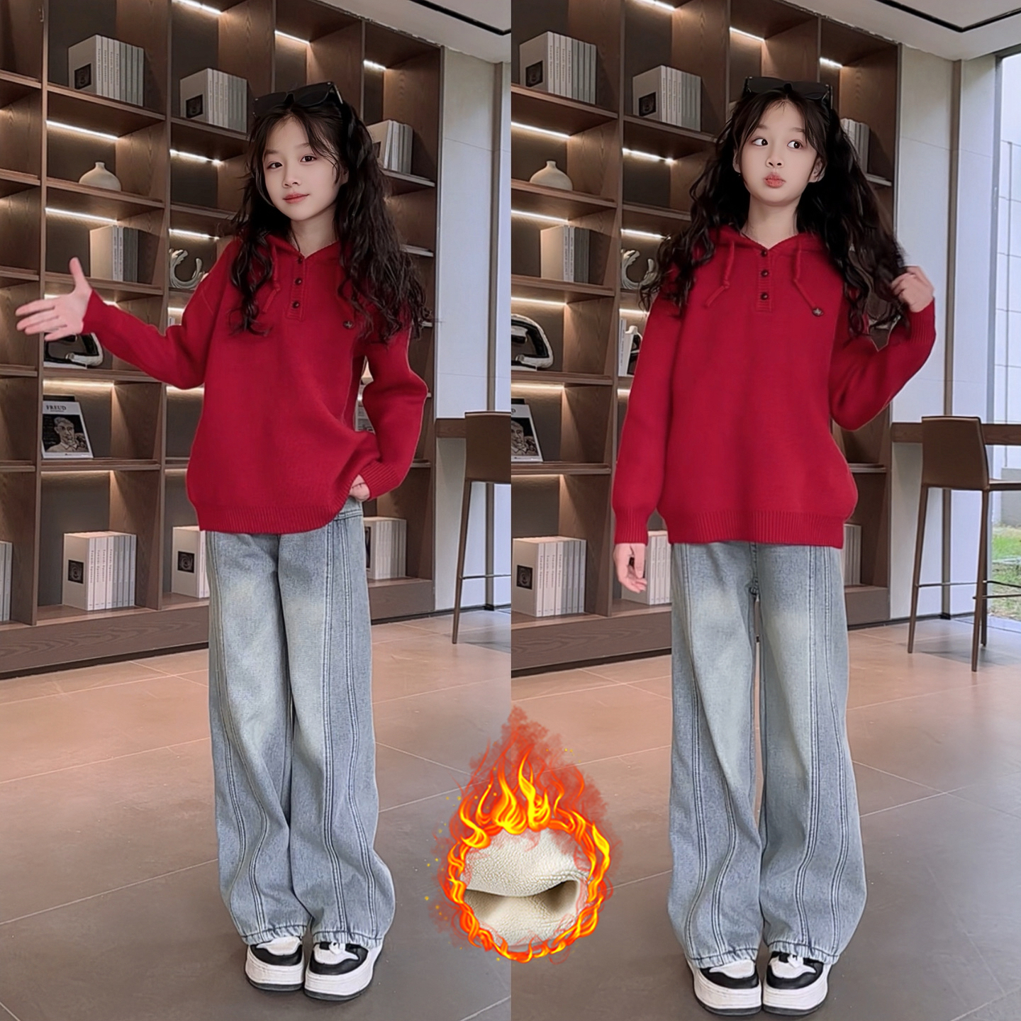 女童加绒裤子+连帽加厚毛衣两件套中大童洋气中大童8-15岁女套装9