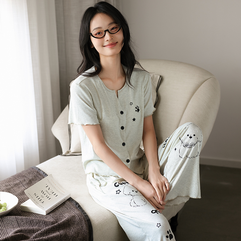 【带胸垫】夏日女士莫代尔睡衣短袖长裤套装开衫灰色宽松家居服