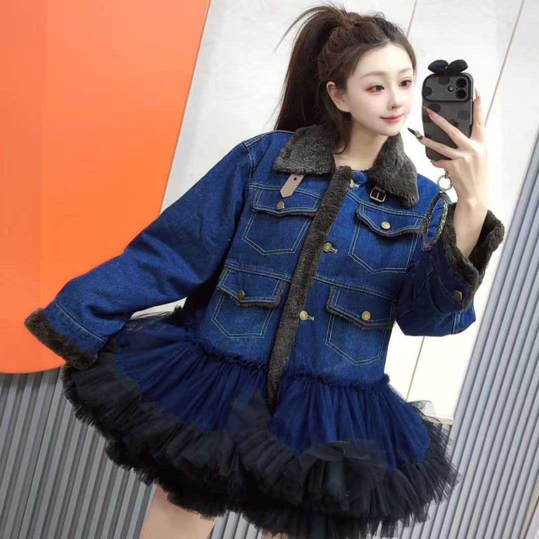 0245【熙妮潮牌】泰潮设计师款洋气通勤复古牛仔加绒加厚款百搭外套